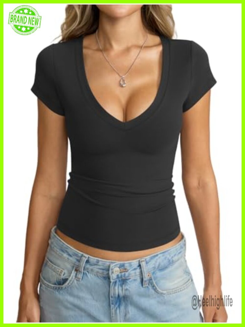 Womens Deep V Neck Short Sleeve Slim Fit Crop Top Y2K Going Out Shirt